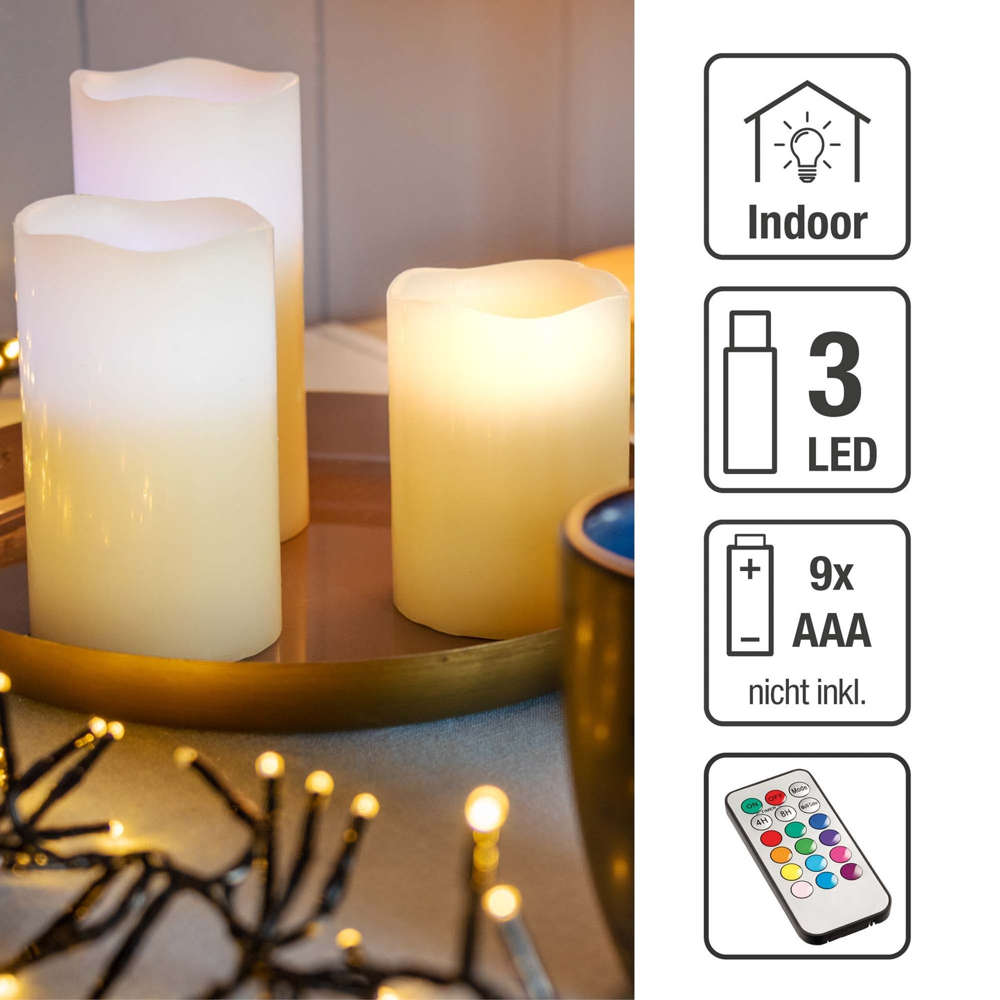 LED-Kerzen, 3er-Set, 15/12,5/10 cm hoch, weiß, RGB, Timer, FB, batteriebetrieben