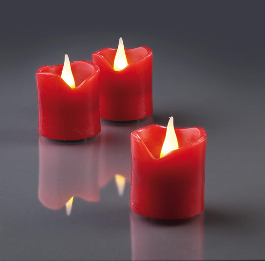 LED-Wachskerzen, 6er-Set, 5 cm hoch, 4 cm Ø, rot, gelbe LED, batteriebetrieben