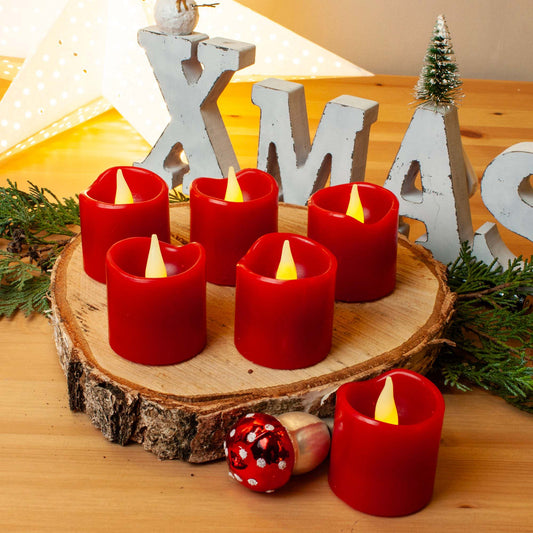 Hellum LED Wachskerzen Rot 6er Set – Echtwachs Kerzen mit flackernder Flamme, batteriebetrieben Ø 5 x 6 cm 572117