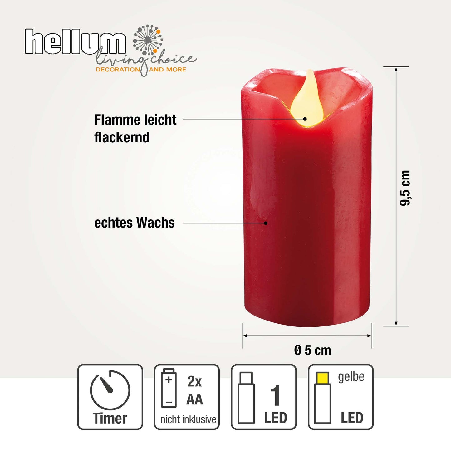 Hellum LED Wachskerze Rot –  Kerze mit flackernder Flamme, Fernbedienung & Timer, batteriebetrieben Ø 5 x 10,5 cm 572131