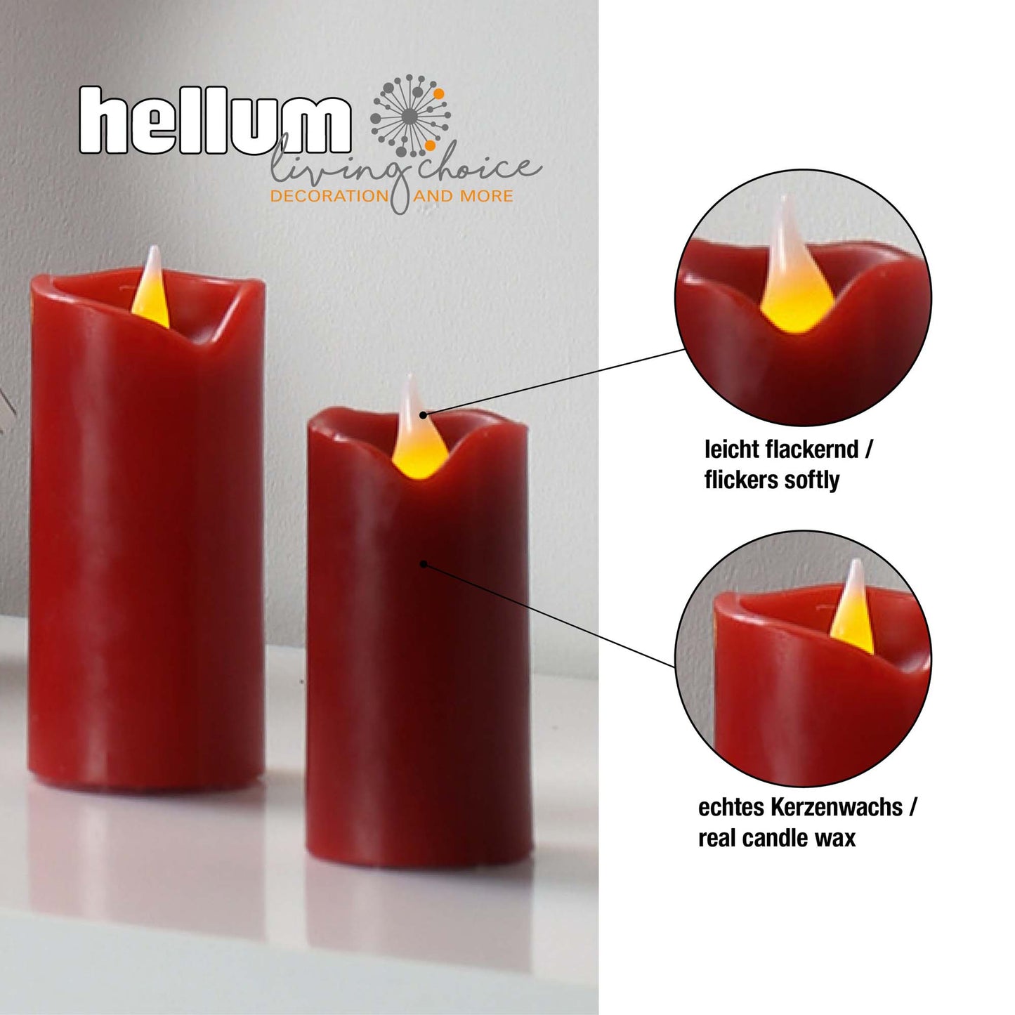 4 Stück LED-Wachskerze,  9,5  cm hoch, 5,5 cm Ø, rot, gelbe LED, batteriebetrieben_572131_4er