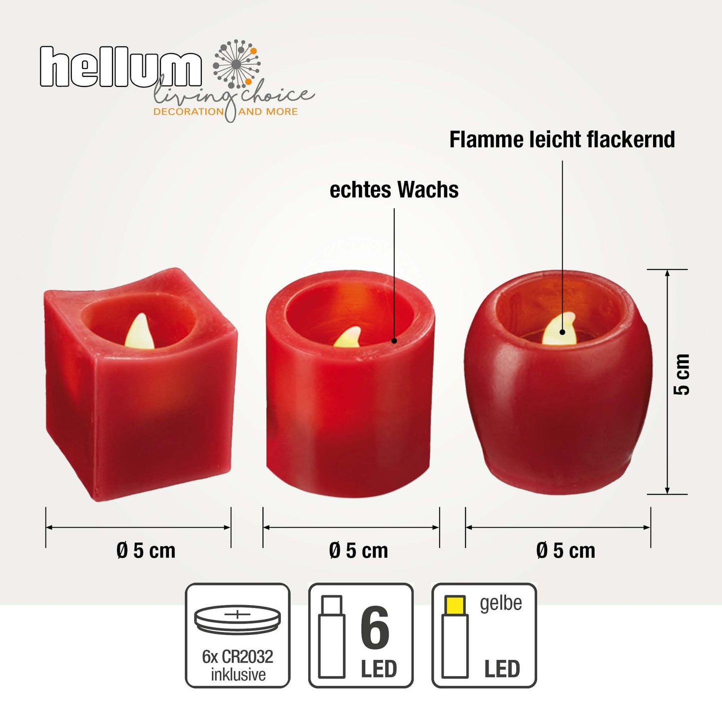 LED-Echtwachskerzen, 6er Set rot, verschiedene Formen, 5x5cm inkl. Batterien_572193