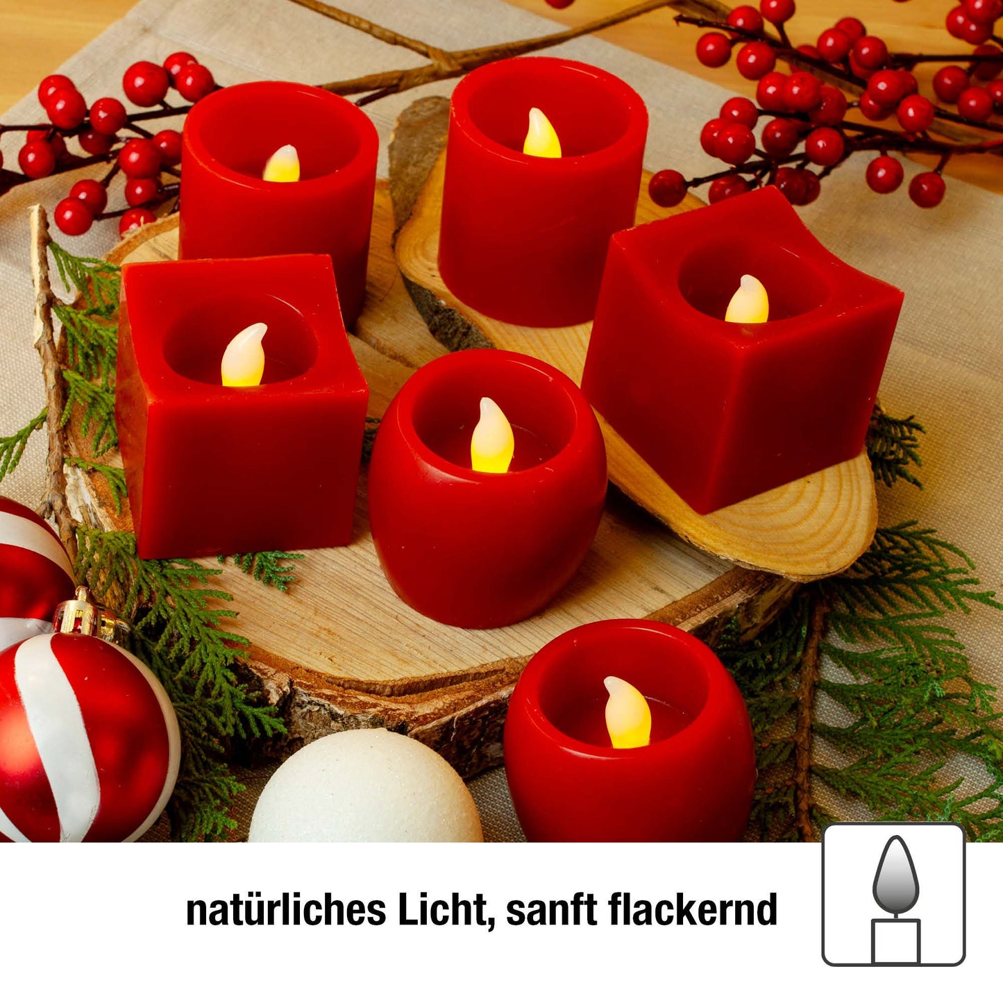 LED-Echtwachskerzen, 6er Set rot, verschiedene Formen, 5x5cm inkl. Batterien_572193