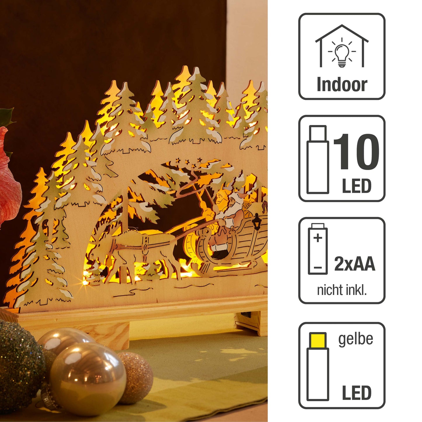 LED-Holzleuchter Karina, 10 LEDs ww,  35x26cm, batteriebetrieben