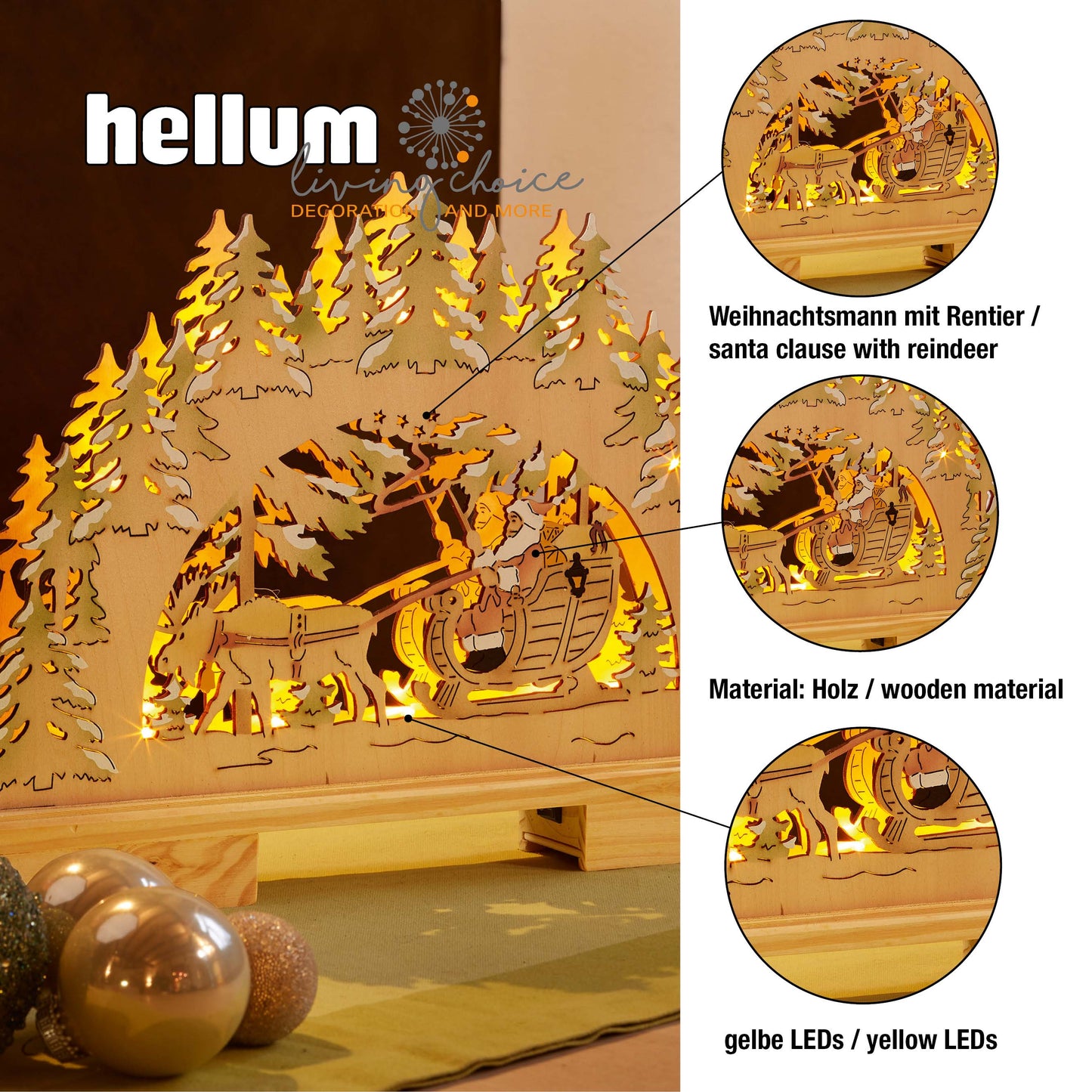 LED-Holzleuchter Karina, 10 LEDs ww,  35x26cm, batteriebetrieben