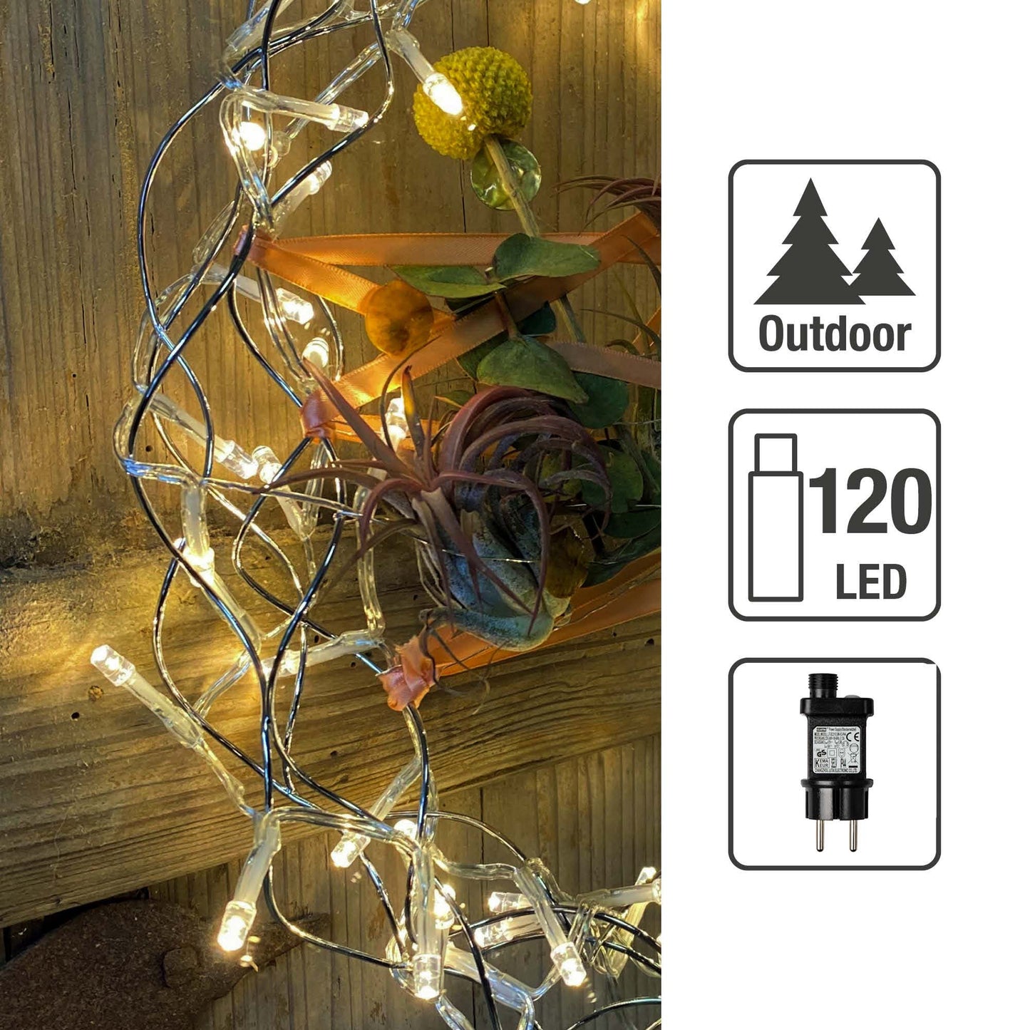 LED-Lichterkette, 120 LEDs ww, mit Timer, Außen-Transformator