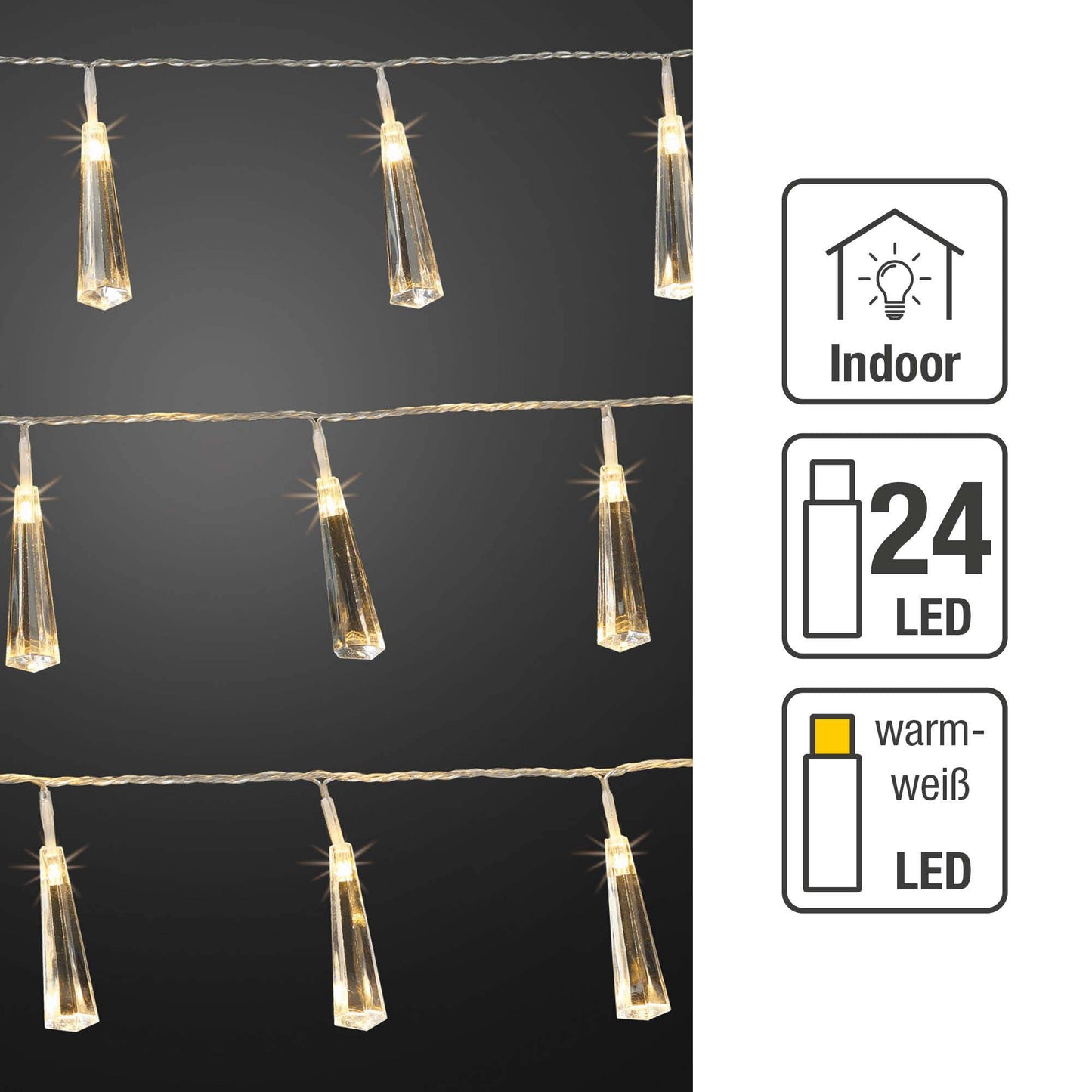 LED-Lichterkette mit Kristallzapfen, 24 LEDs ww,  Innen-Transformator