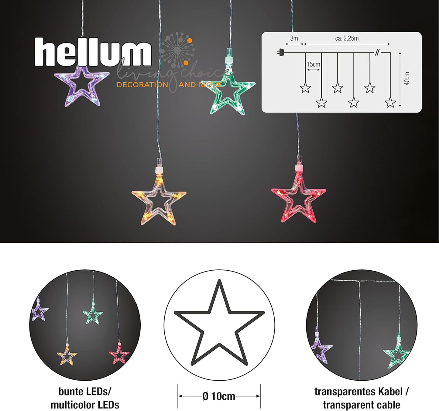 LED-Sternen-Vorhang, 50 LEDs bunt, 10 Sterne, 10 Stränge, Innen-Transformator_152715/576115