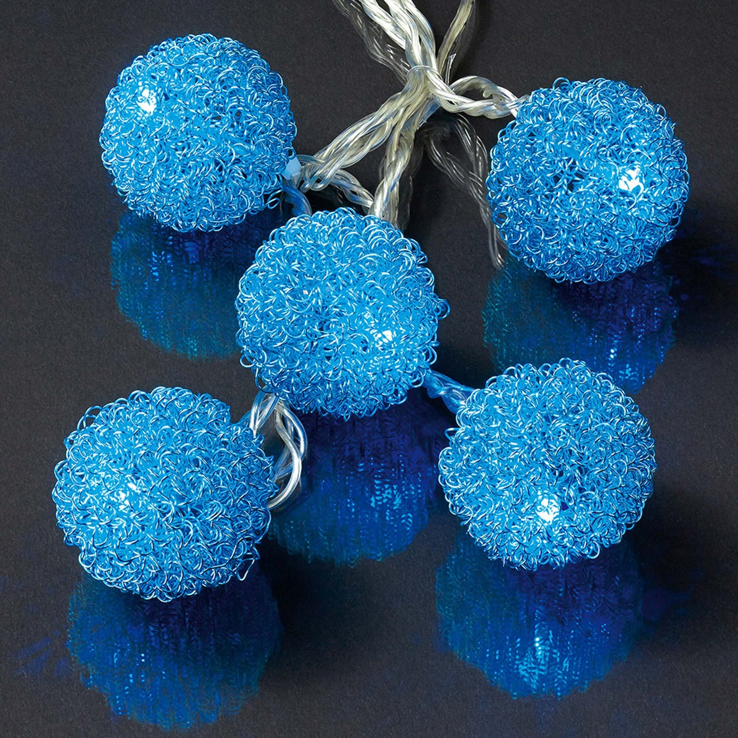 LED-Lichterkette mit blauen Metallkugeln, 20 LEDs blau,  Innen-Transformator