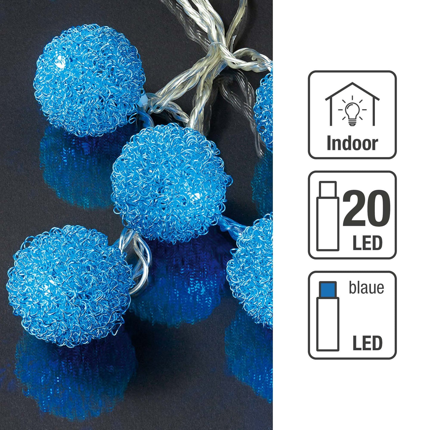 LED-Lichterkette mit blauen Metallkugeln, 20 LEDs blau,  Innen-Transformator