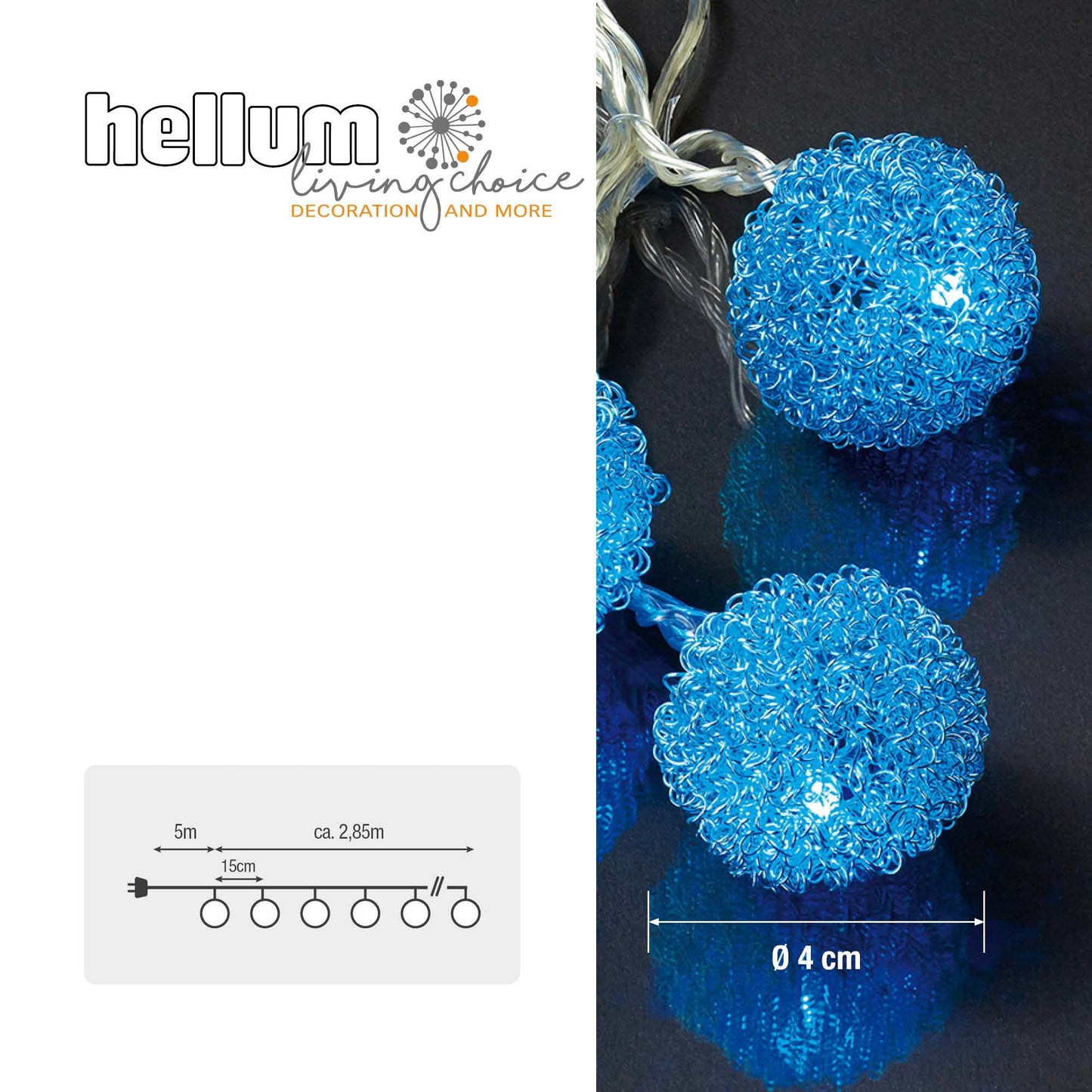 LED-Lichterkette mit blauen Metallkugeln, 20 LEDs blau,  Innen-Transformator