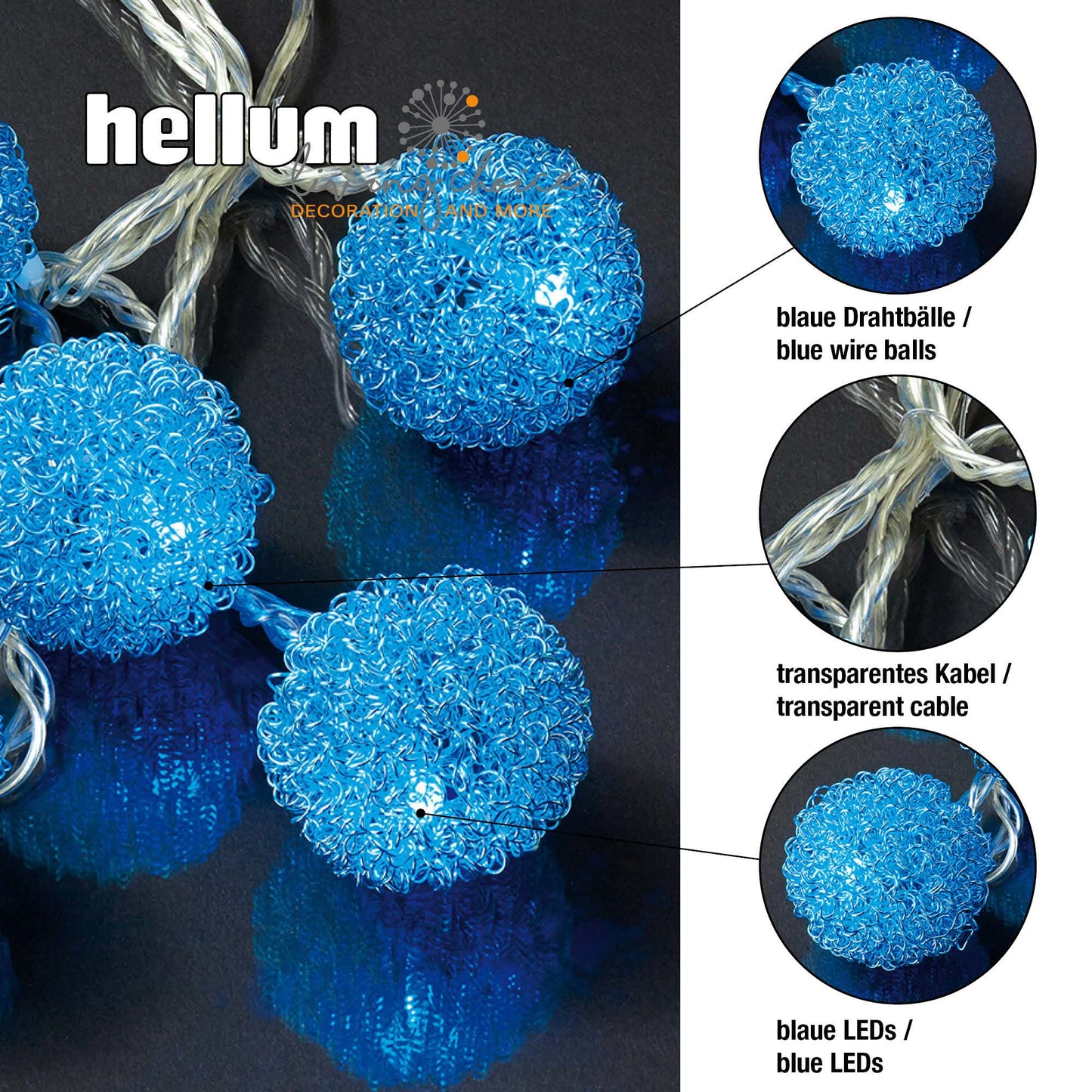LED-Lichterkette mit blauen Metallkugeln, 20 LEDs blau,  Innen-Transformator