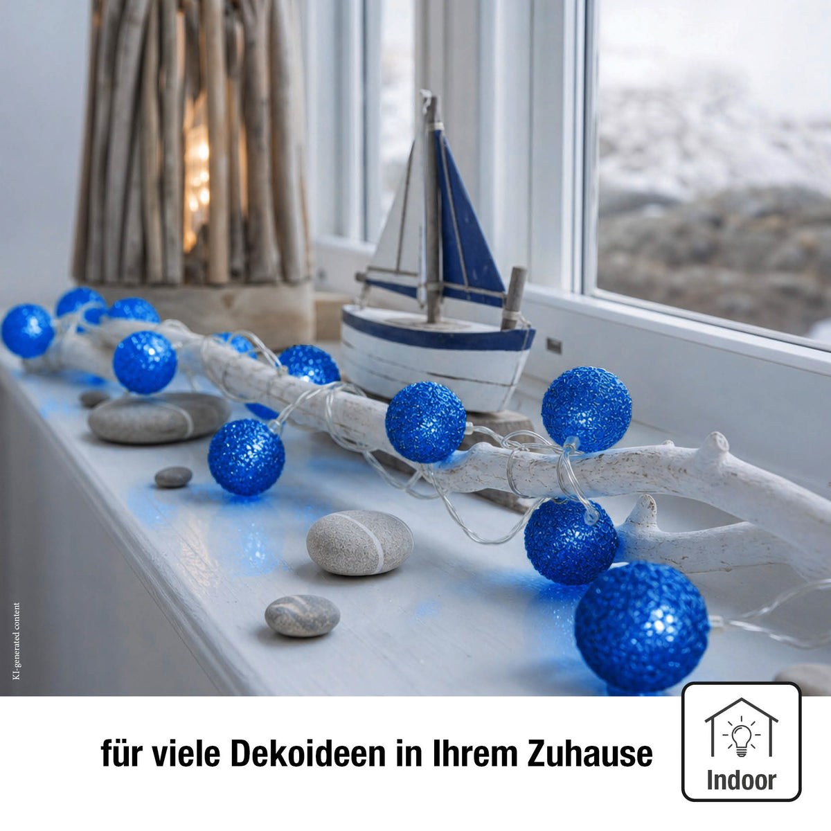 LED Lichterkette mit blauen Metallbällen innen, 20 LED blau, 2,85 m beleuchtet, transparentes Kabel, Innen-Transformator
