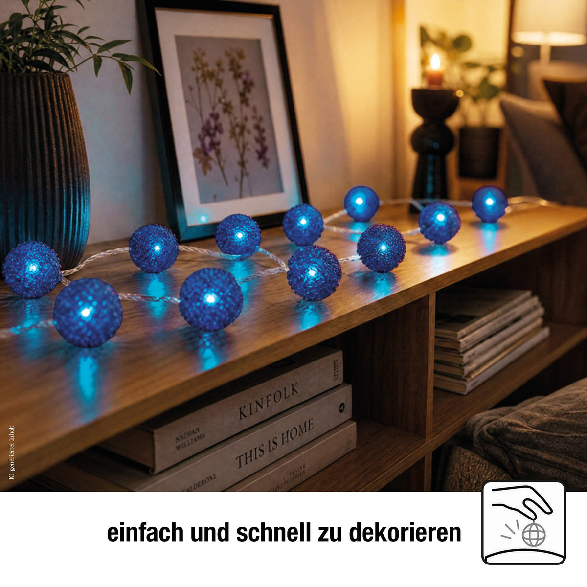 LED Lichterkette mit blauen Metallbällen innen, 20 LED blau, 2,85 m beleuchtet, transparentes Kabel, Innen-Transformator