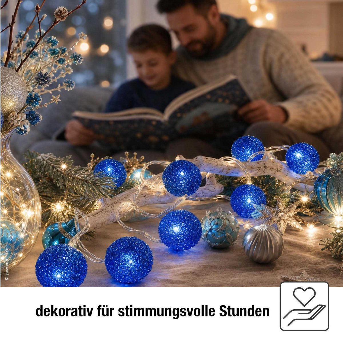 LED Lichterkette mit blauen Metallbällen innen, 20 LED blau, 2,85 m beleuchtet, transparentes Kabel, Innen-Transformator