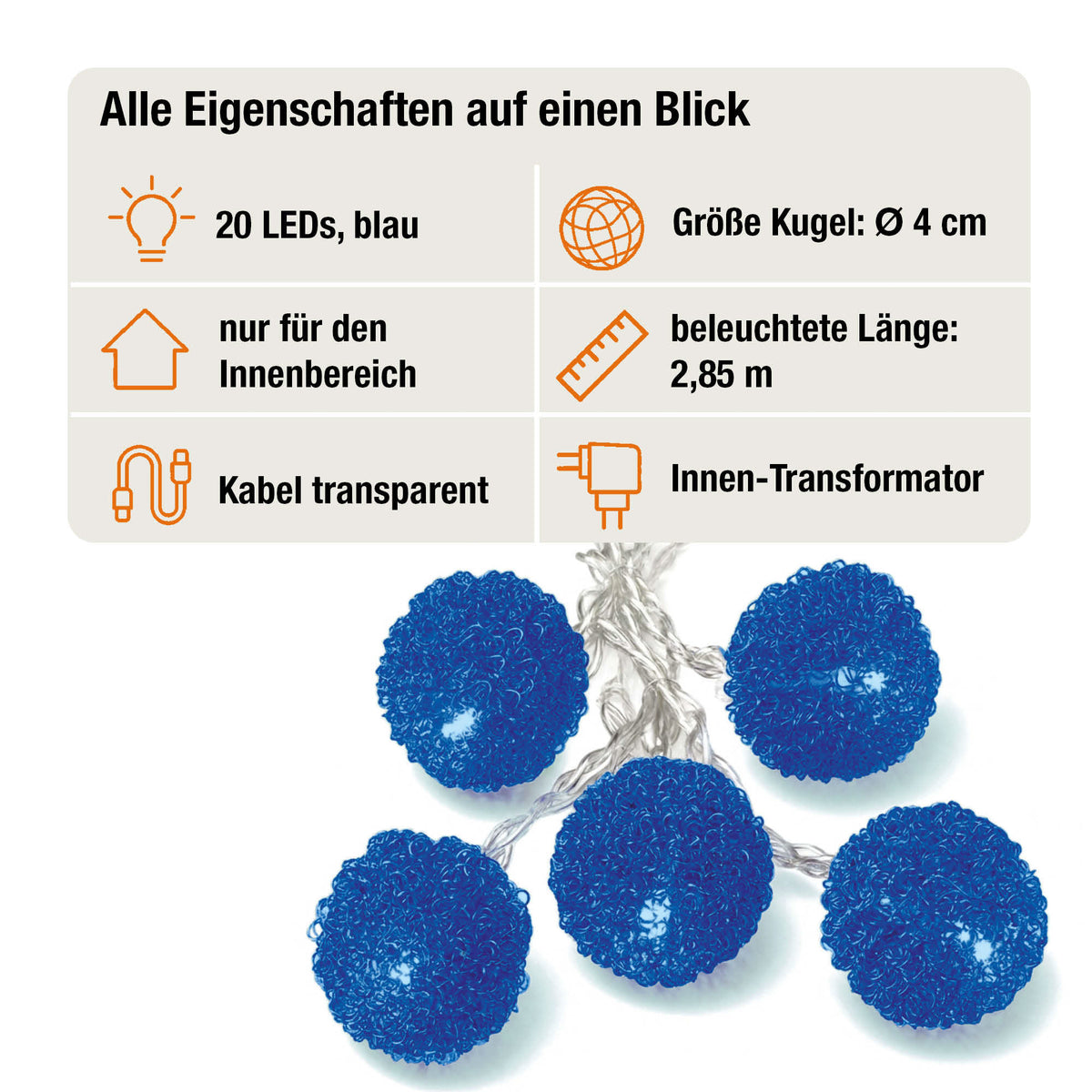 LED Lichterkette mit blauen Metallbällen innen, 20 LED blau, 2,85 m beleuchtet, transparentes Kabel, Innen-Transformator