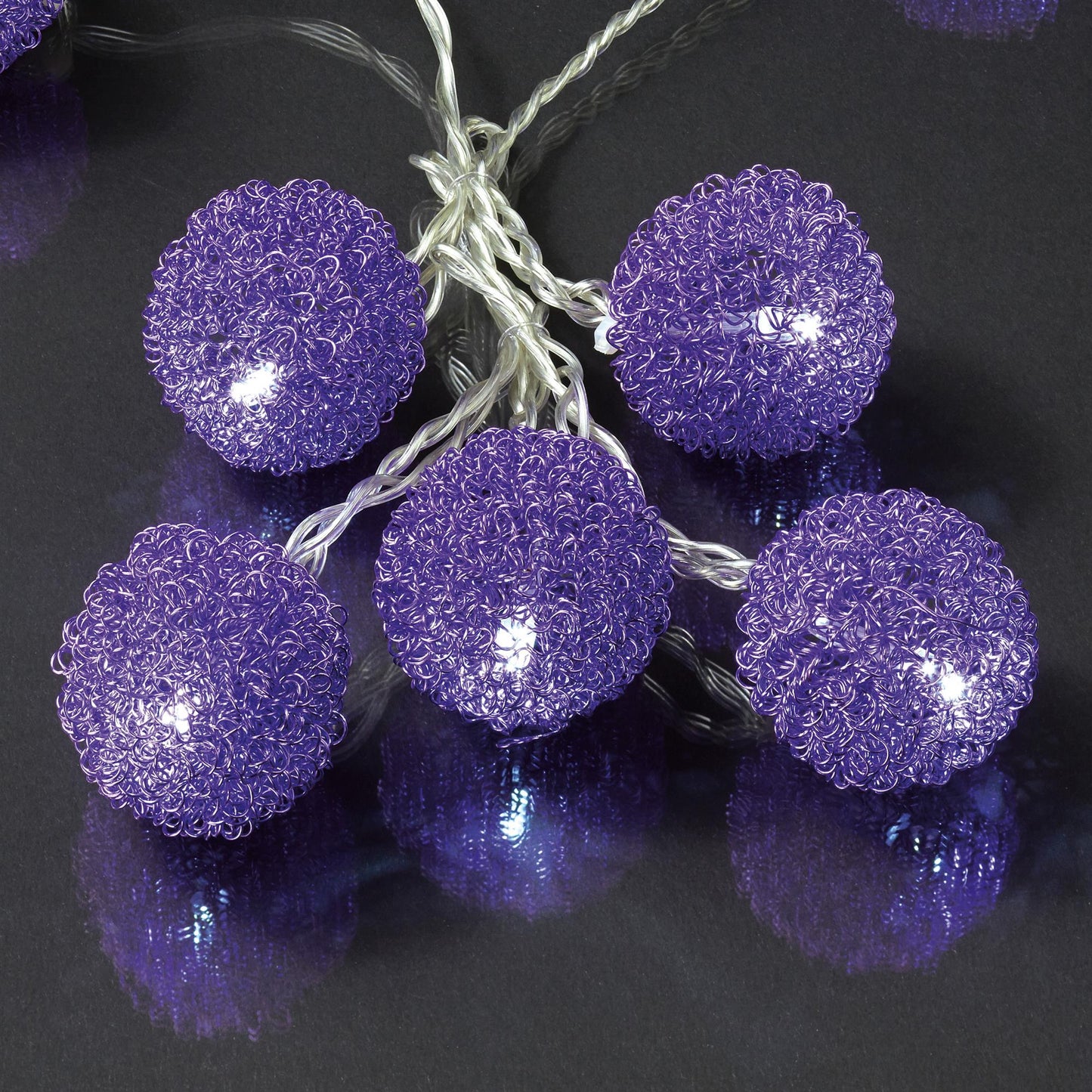 LED-Lichterkette mit lilafarbenen Metallkugeln, 20 LEDs weiß, Innen-Transformator