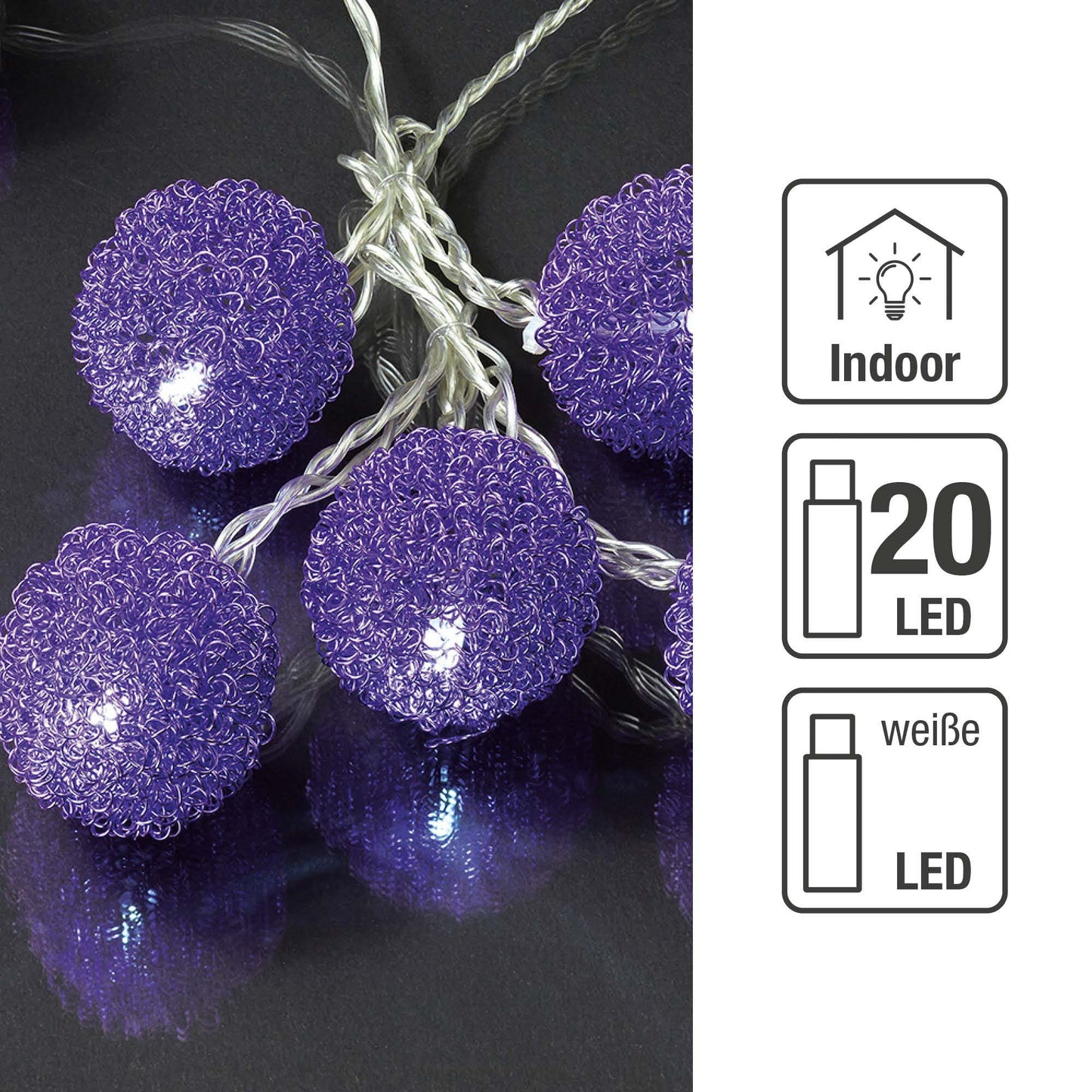 LED-Lichterkette mit lilafarbenen Metallkugeln, 20 LEDs weiß, Innen-Transformator