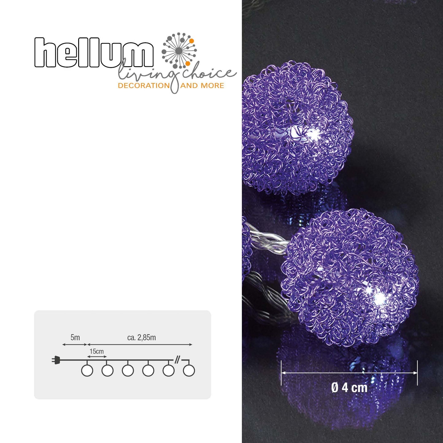LED-Lichterkette mit lilafarbenen Metallkugeln, 20 LEDs weiß, Innen-Transformator