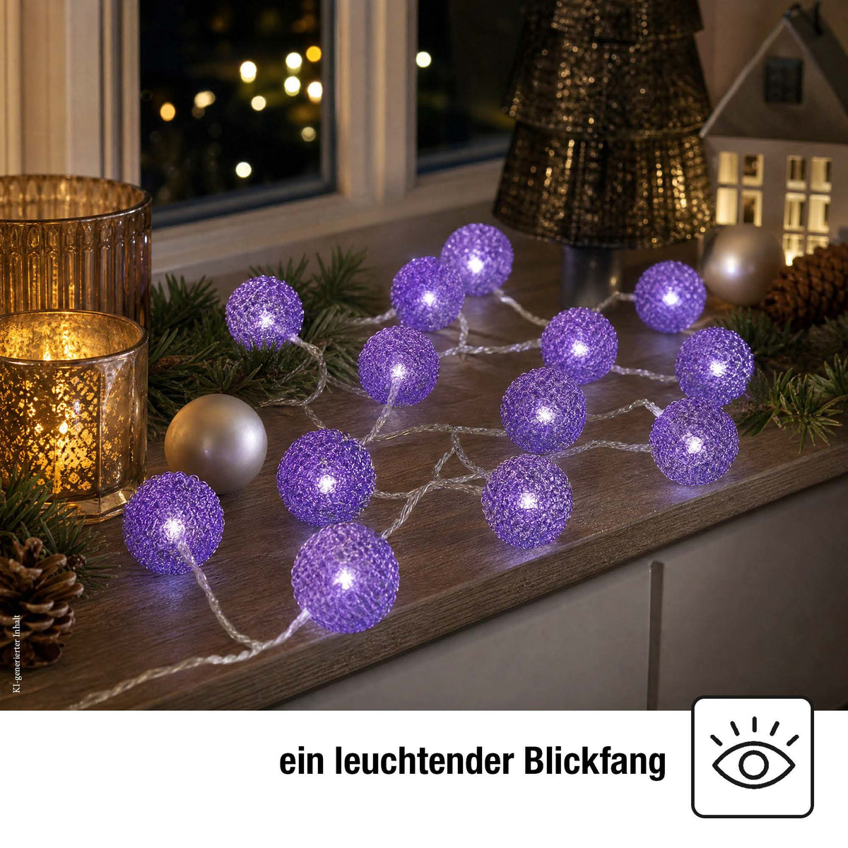LED Lichterkette mit lilanen Metallbällen innen, 20 LED weiß, 2,85 m beleuchtet, transparentes Kabel, Innen-Transformator