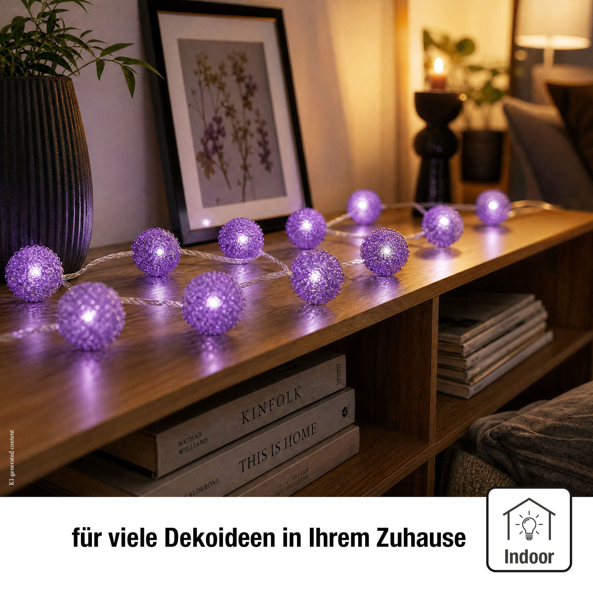 LED Lichterkette mit lilanen Metallbällen innen, 20 LED weiß, 2,85 m beleuchtet, transparentes Kabel, Innen-Transformator