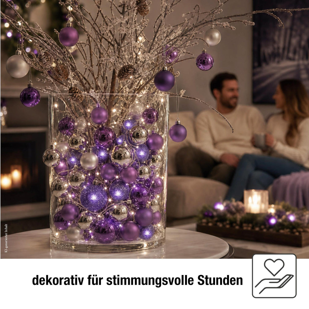 LED Lichterkette mit lilanen Metallbällen innen, 20 LED weiß, 2,85 m beleuchtet, transparentes Kabel, Innen-Transformator