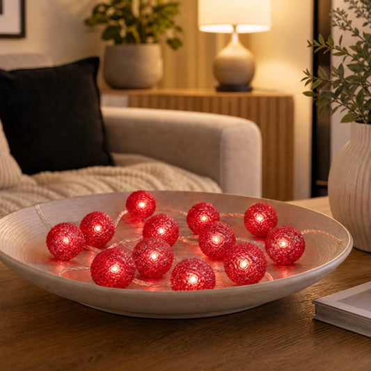 LED-Lichterkette mit roten Metallkugeln, 20 LEDs rot, Innen-Transformator