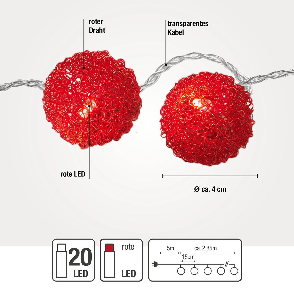 LED-Lichterkette mit roten Metallkugeln, 20 LEDs rot, Innen-Transformator