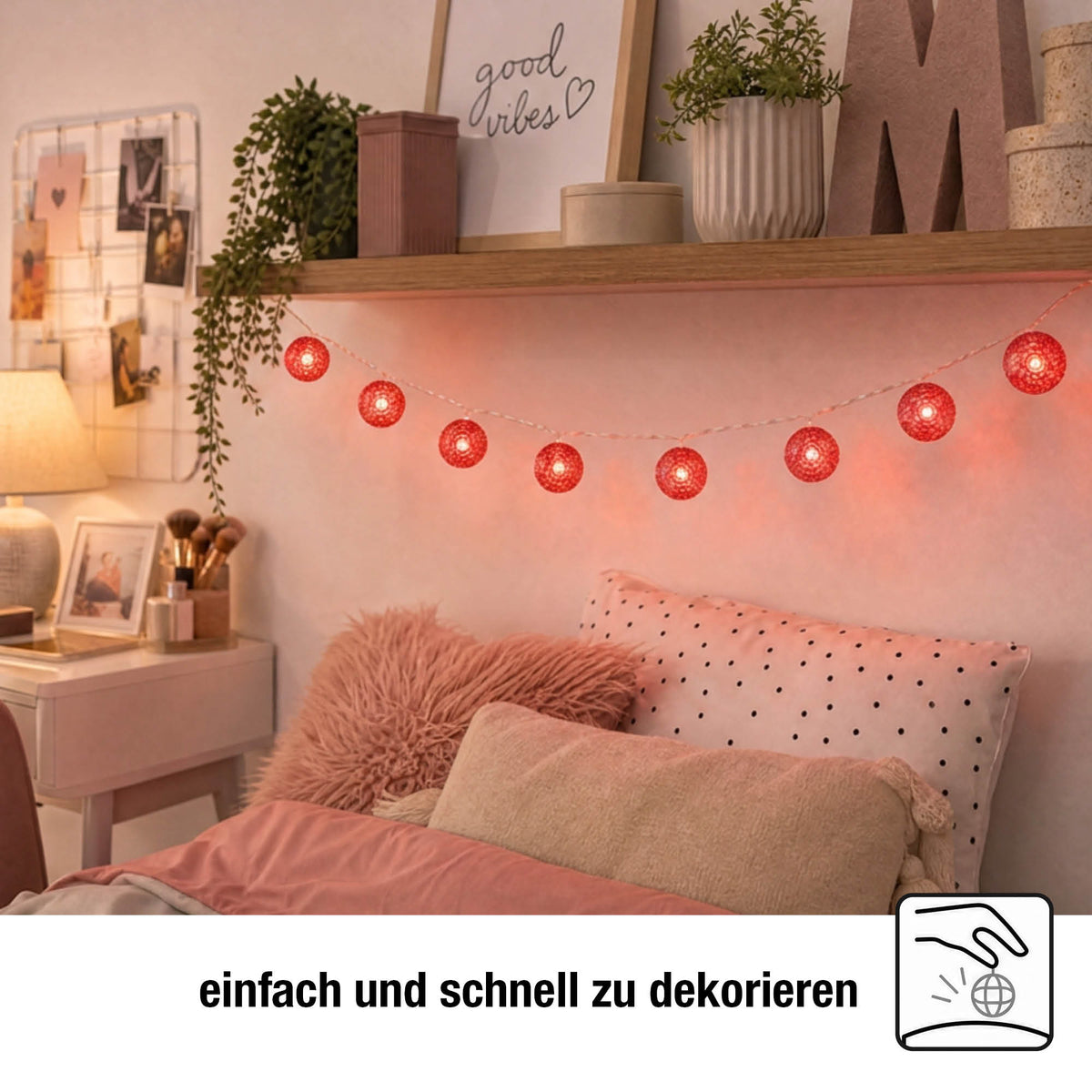 LED-Lichterkette mit roten Metallkugeln, 20 LEDs rot, Innen-Transformator
