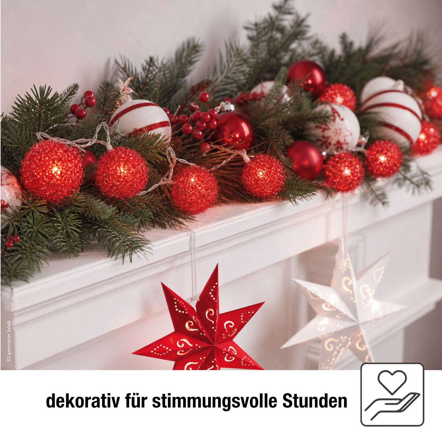 LED-Lichterkette mit roten Metallkugeln, 20 LEDs rot, Innen-Transformator