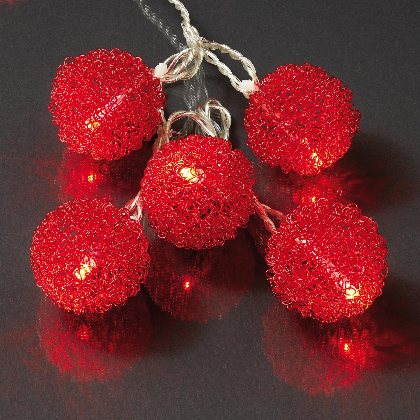LED-Lichterkette mit roten Metallkugeln, 20 LEDs rot, Innen-Transformator