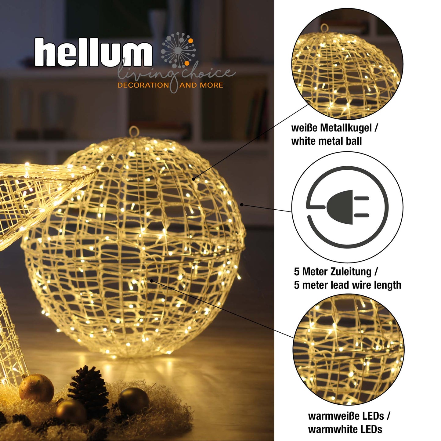 LED-Kugel, DIA 40cm, 98 w LED; gewickelt/zerlegbar, IP 20 Trafo