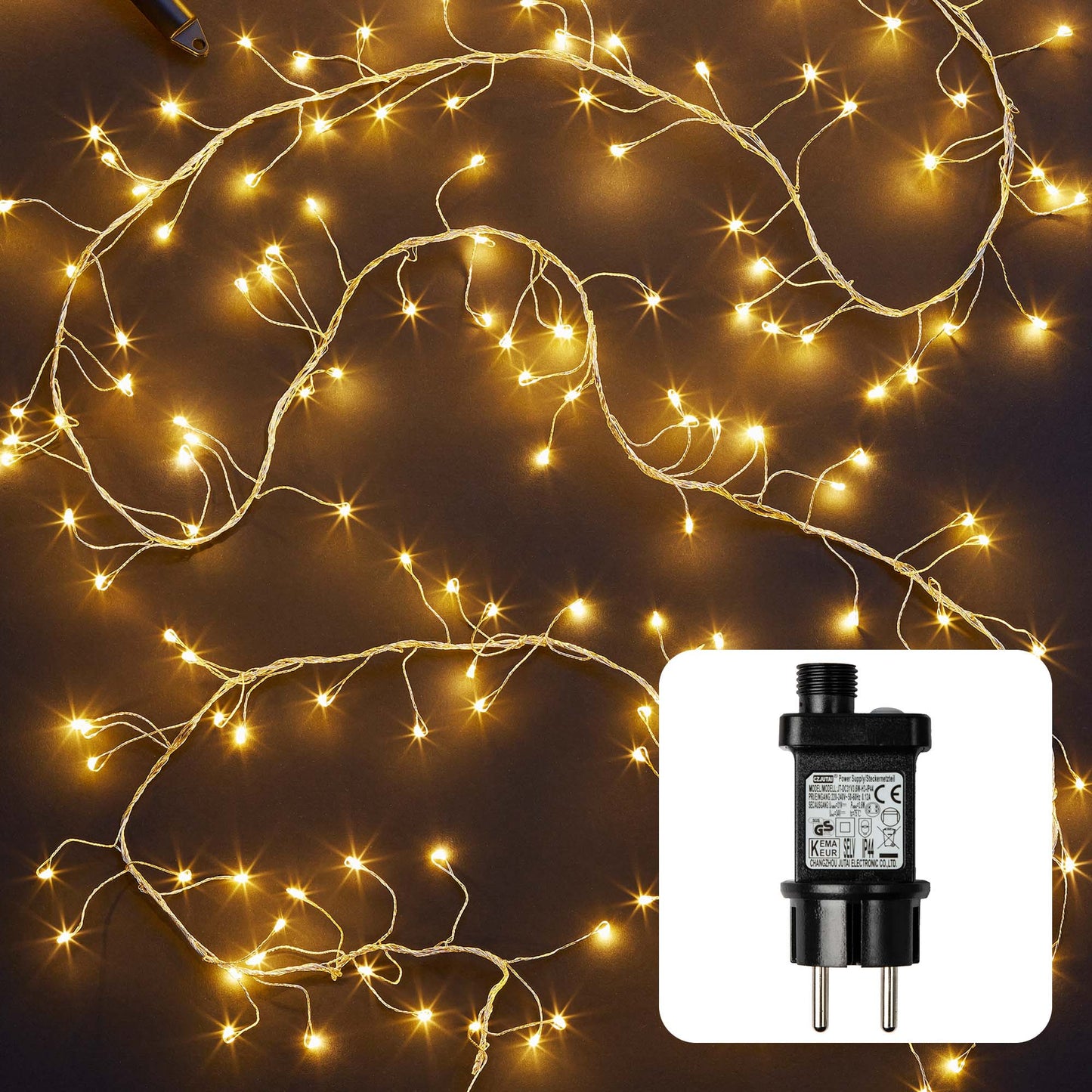 420-tlg. LED-Cluster-Girlande, bernstein, kupferfarbenes Kabel, Timer, Außen-Trafo