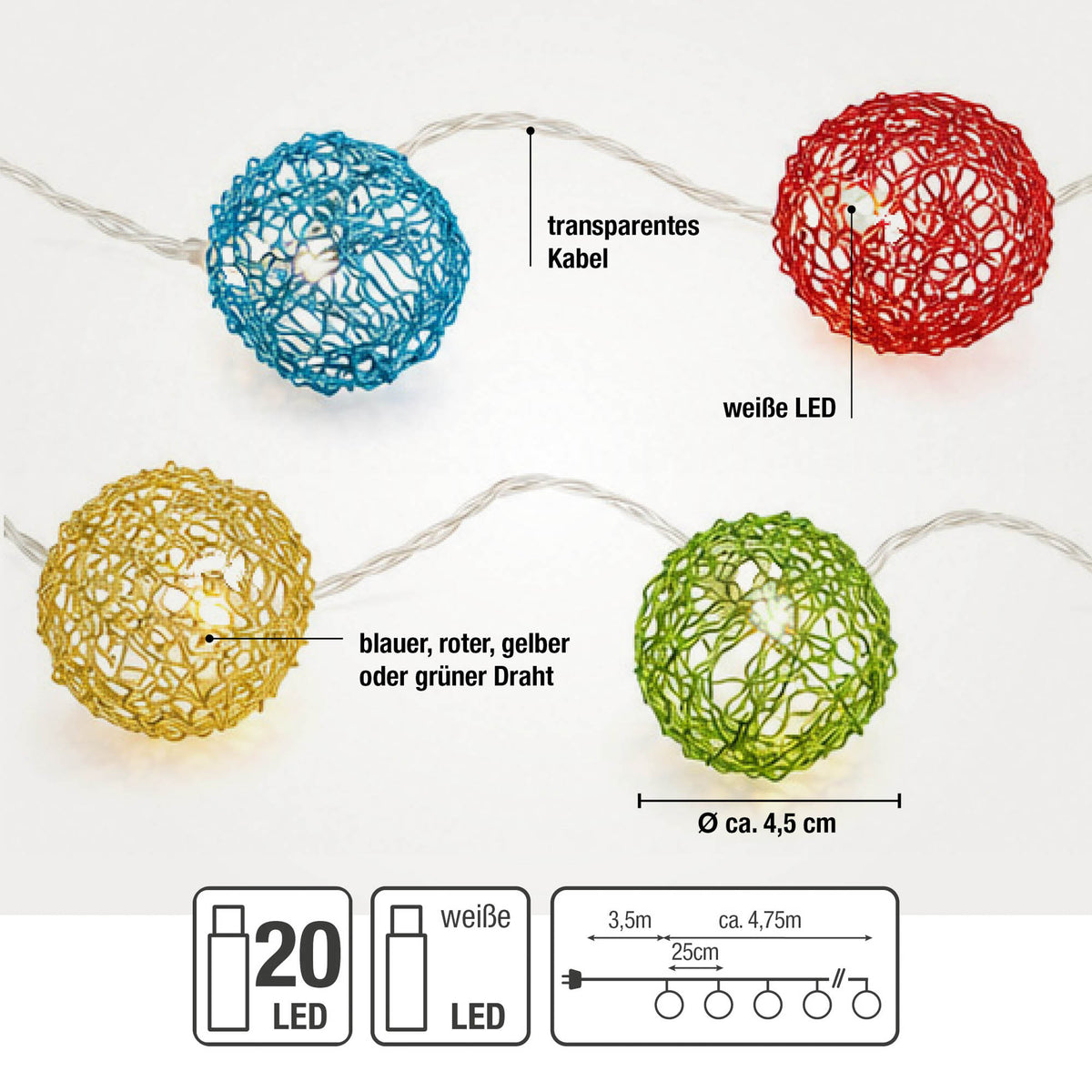 LED Lichterkette mit bunten Metallbällen innen, 20 LED weiß, 4,75 m beleuchtet, transparentes Kabel, Innen-Transformator