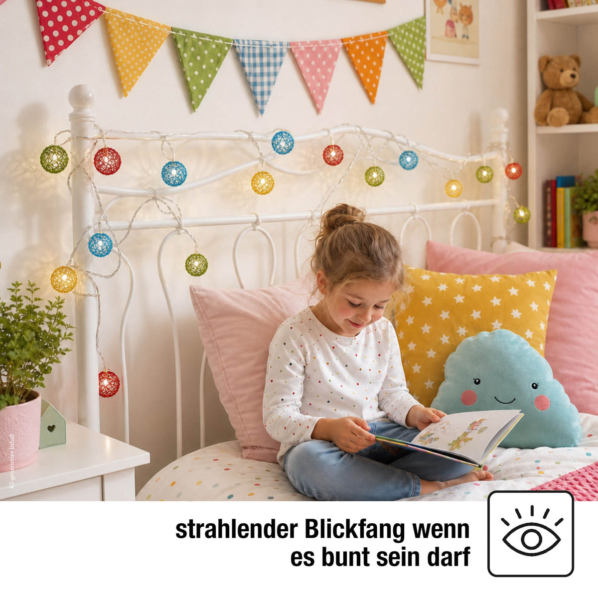 LED Lichterkette mit bunten Metallbällen innen, 20 LED weiß, 4,75 m beleuchtet, transparentes Kabel, Innen-Transformator