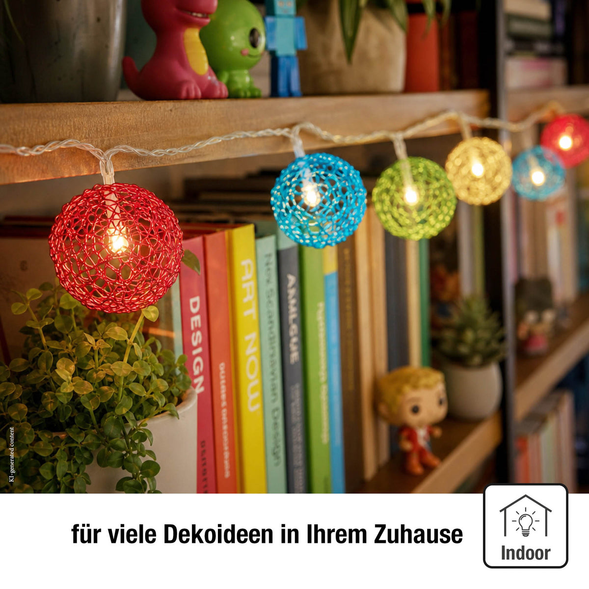 LED Lichterkette mit bunten Metallbällen innen, 20 LED weiß, 4,75 m beleuchtet, transparentes Kabel, Innen-Transformator