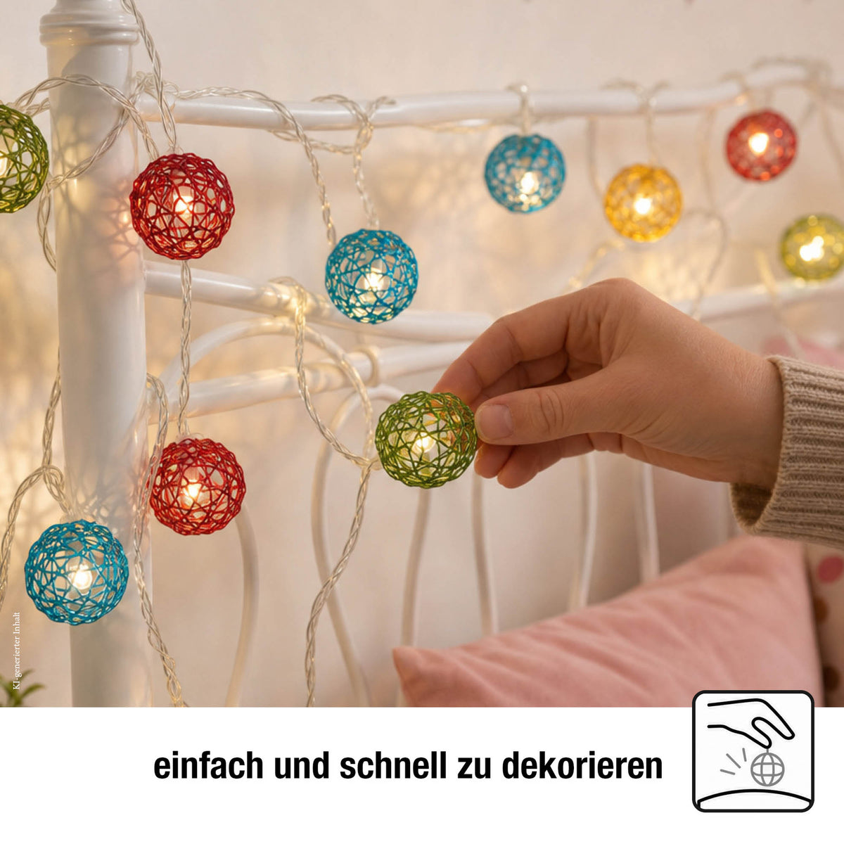 LED Lichterkette mit bunten Metallbällen innen, 20 LED weiß, 4,75 m beleuchtet, transparentes Kabel, Innen-Transformator