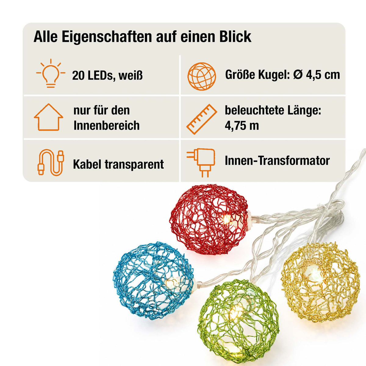 LED Lichterkette mit bunten Metallbällen innen, 20 LED weiß, 4,75 m beleuchtet, transparentes Kabel, Innen-Transformator