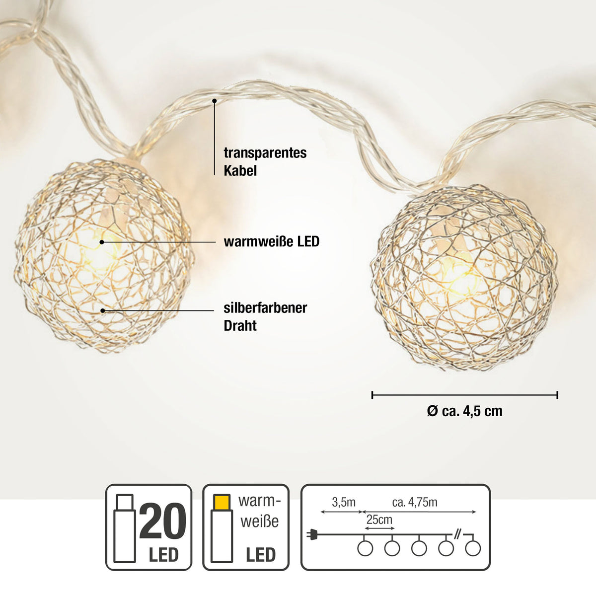 LED-Lichterkette mit  Metallbällen, 20 LEDs weiß, Innentrafo