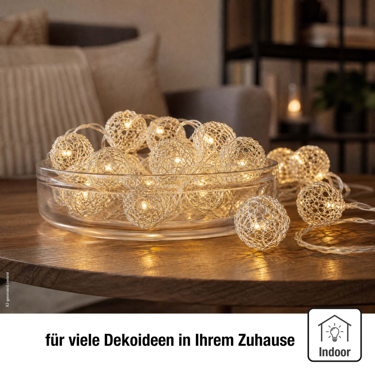 LED-Lichterkette mit  Metallbällen, 20 LEDs weiß, Innentrafo