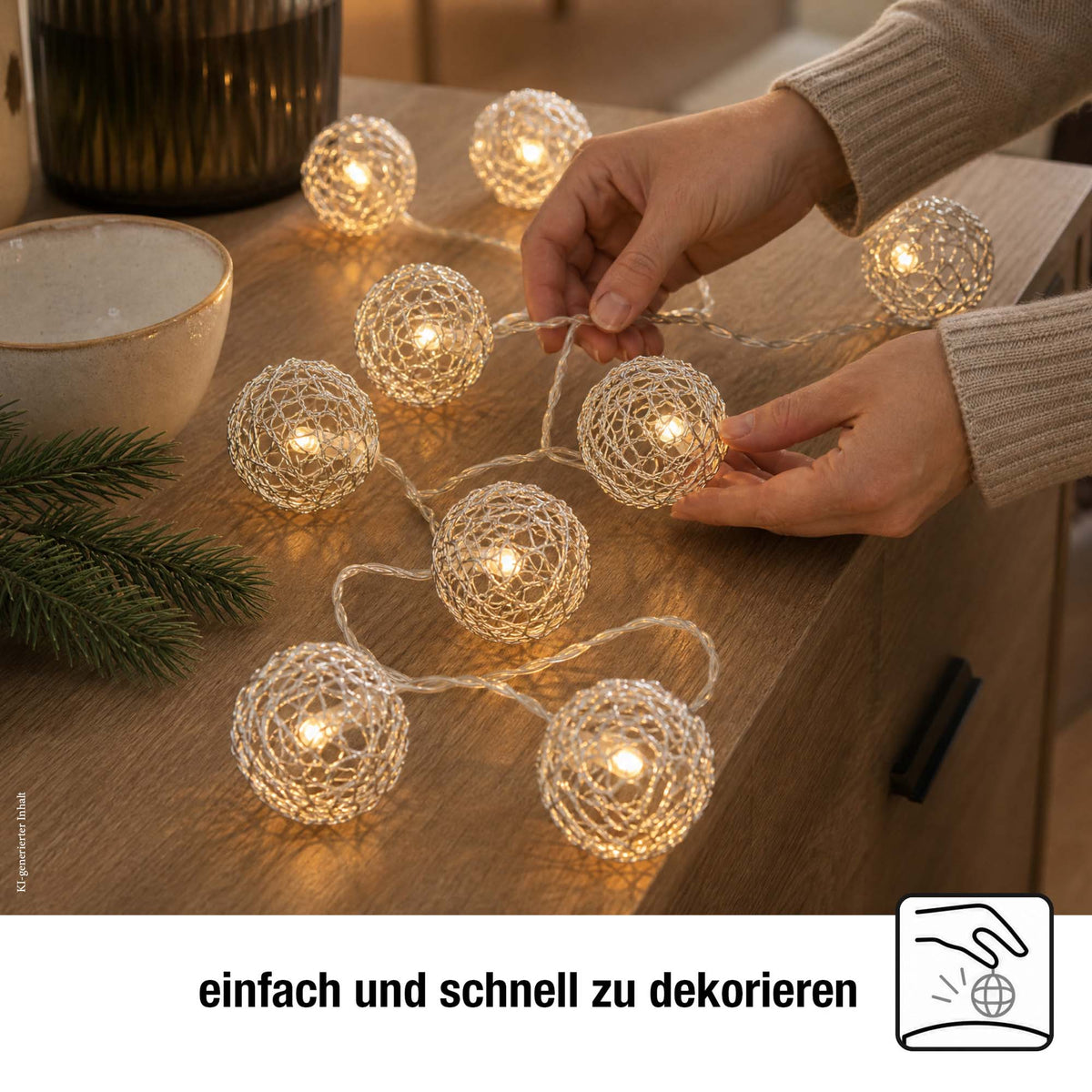 LED-Lichterkette mit  Metallbällen, 20 LEDs weiß, Innentrafo