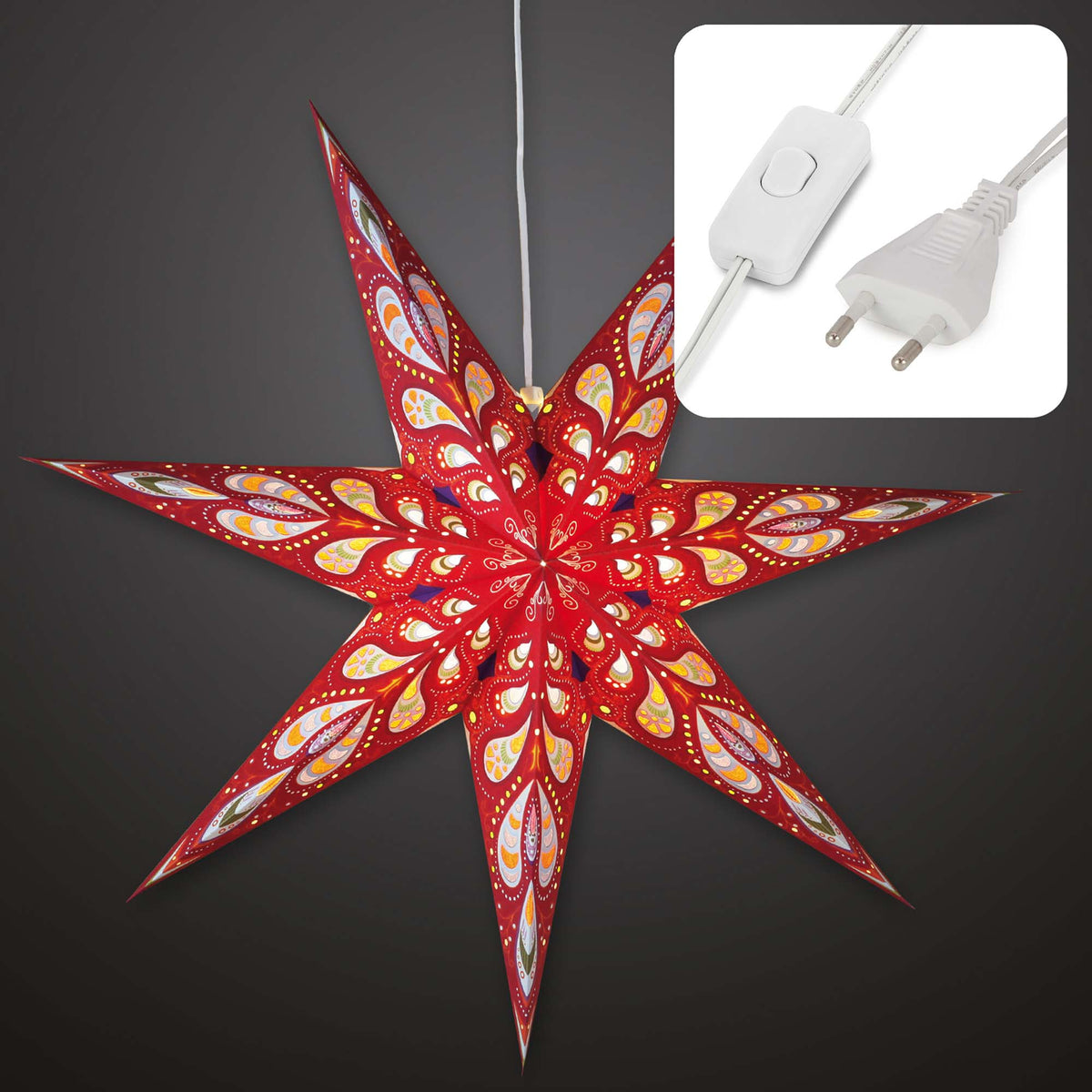 Weihnachtsstern rot innen, E14 Sockel, weißes Kabel, Stecker und Schalter, Weihnachtsdeko, EPREL ID 2165782