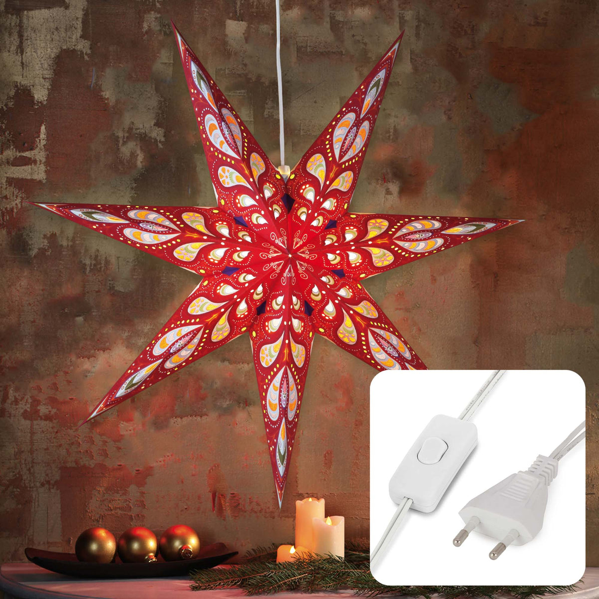 Weihnachtsstern rot innen, E14 Sockel, weißes Kabel, Stecker und Schalter, Weihnachtsdeko, EPREL ID 2165782