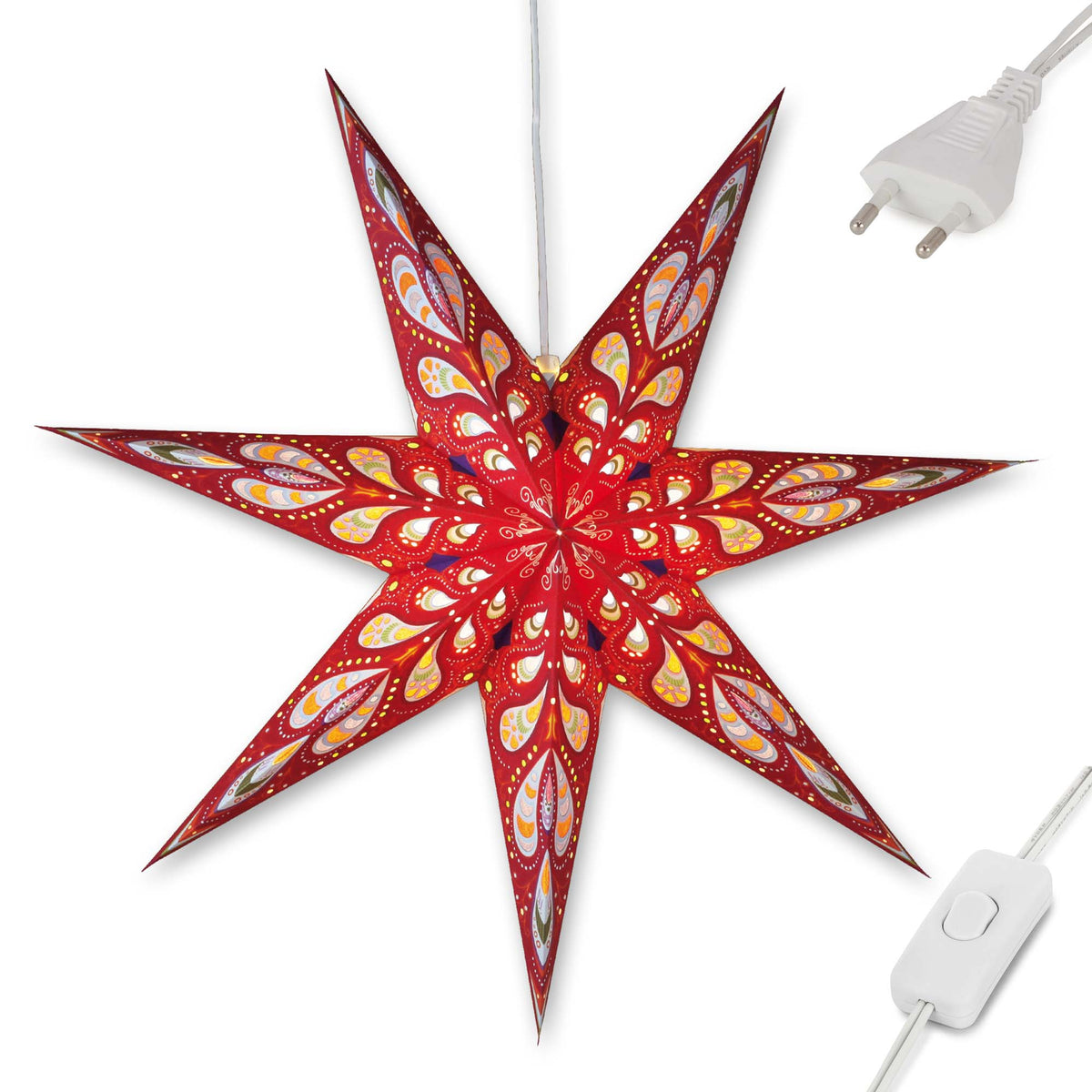 Weihnachtsstern rot innen, E14 Sockel, weißes Kabel, Stecker und Schalter, Weihnachtsdeko, EPREL ID 2165782