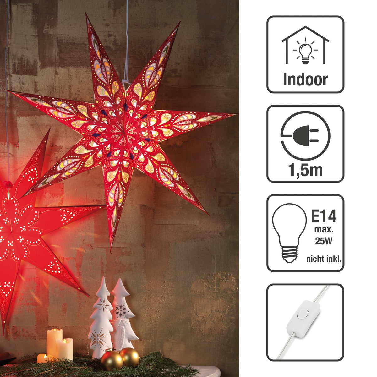 Weihnachtsstern rot innen, E14 Sockel, weißes Kabel, Stecker und Schalter, Weihnachtsdeko, EPREL ID 2165782