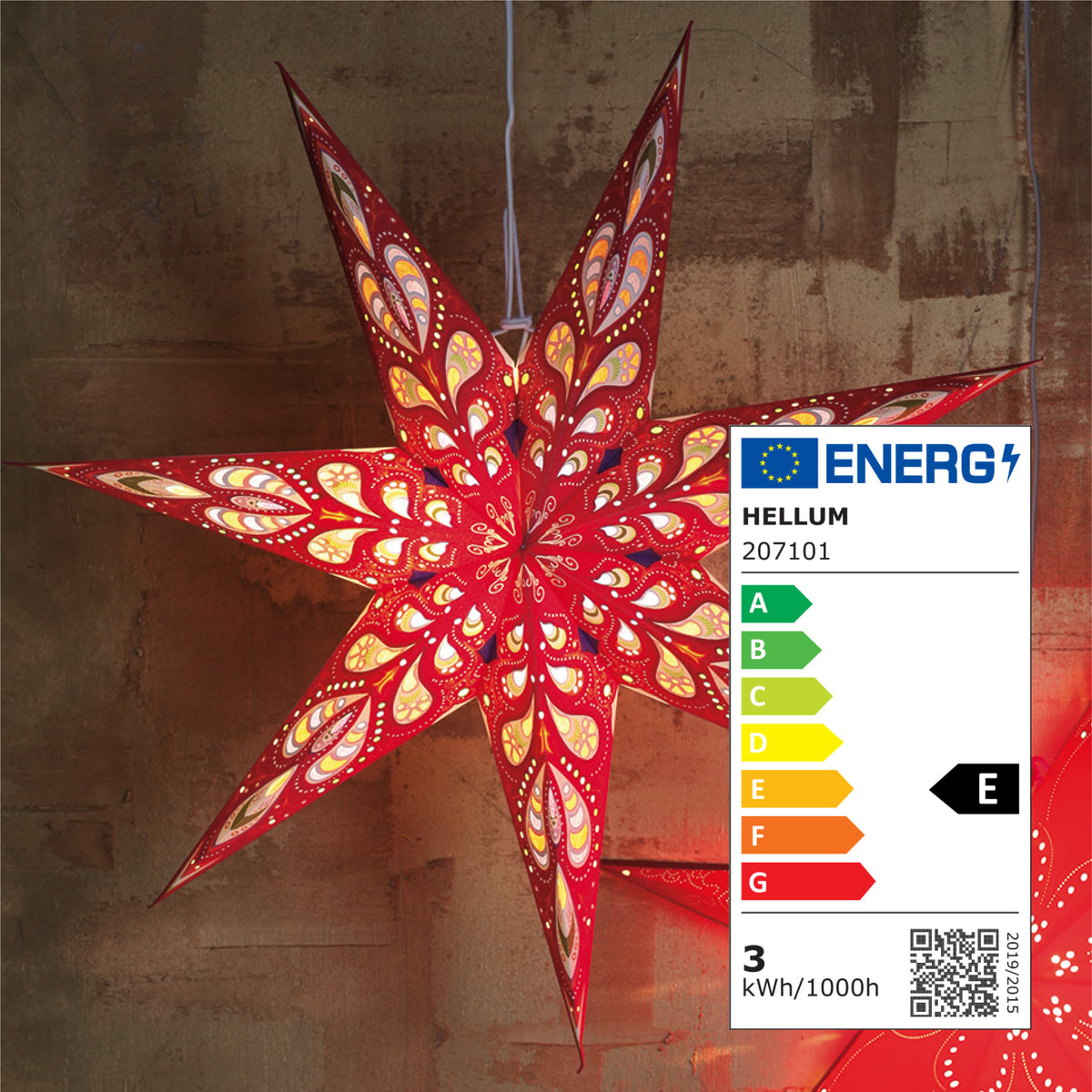 Weihnachtsstern rot innen, E14 Sockel, weißes Kabel, Stecker und Schalter, Weihnachtsdeko, EPREL ID 2165782