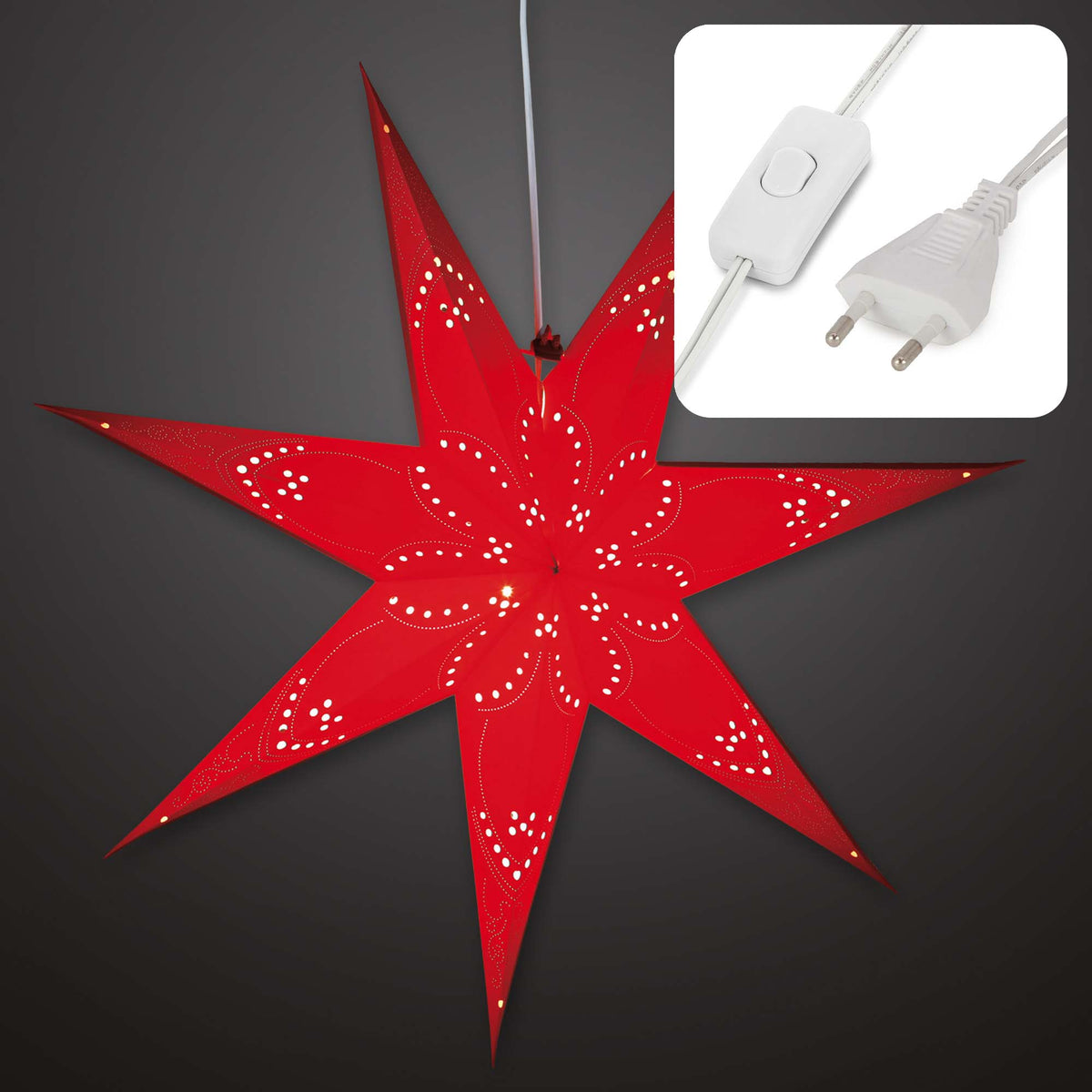 Weihnachtsstern rot innen, E14 Sockel, weißes Kabel, Stecker und Schalter, EPREL ID 2165782