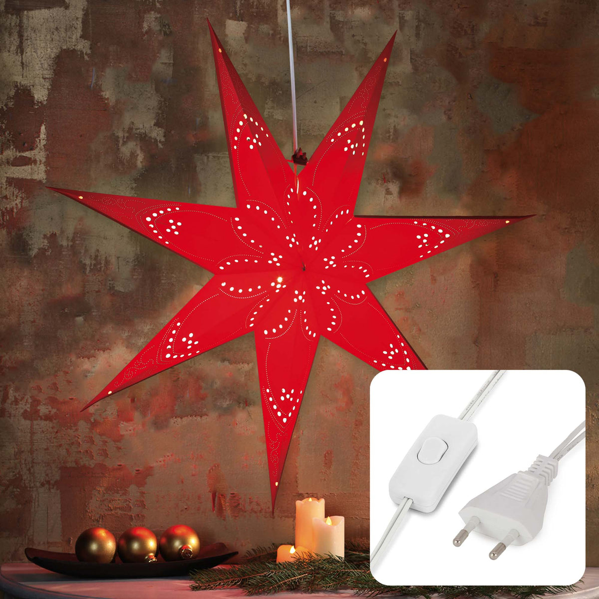 Weihnachtsstern rot innen, E14 Sockel, weißes Kabel, Stecker und Schalter, EPREL ID 2165782