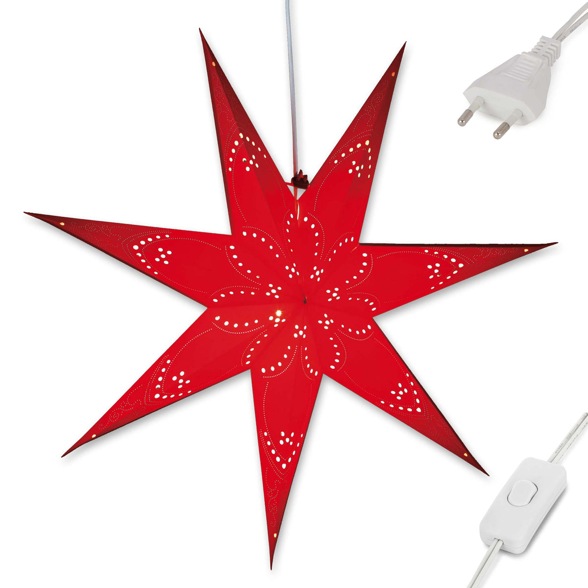 Weihnachtsstern rot innen, E14 Sockel, weißes Kabel, Stecker und Schalter, EPREL ID 2165782
