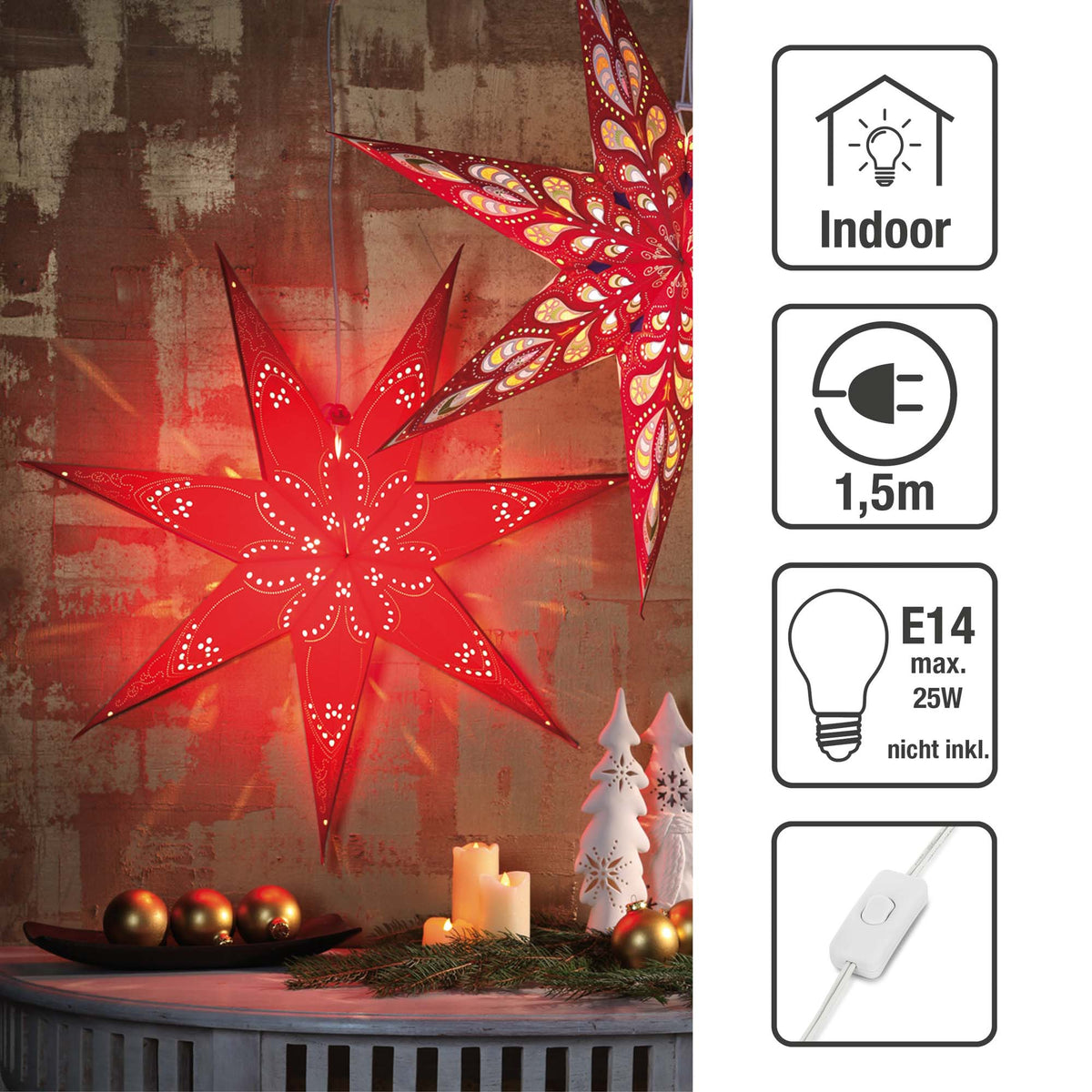 Weihnachtsstern rot innen, E14 Sockel, weißes Kabel, Stecker und Schalter, EPREL ID 2165782